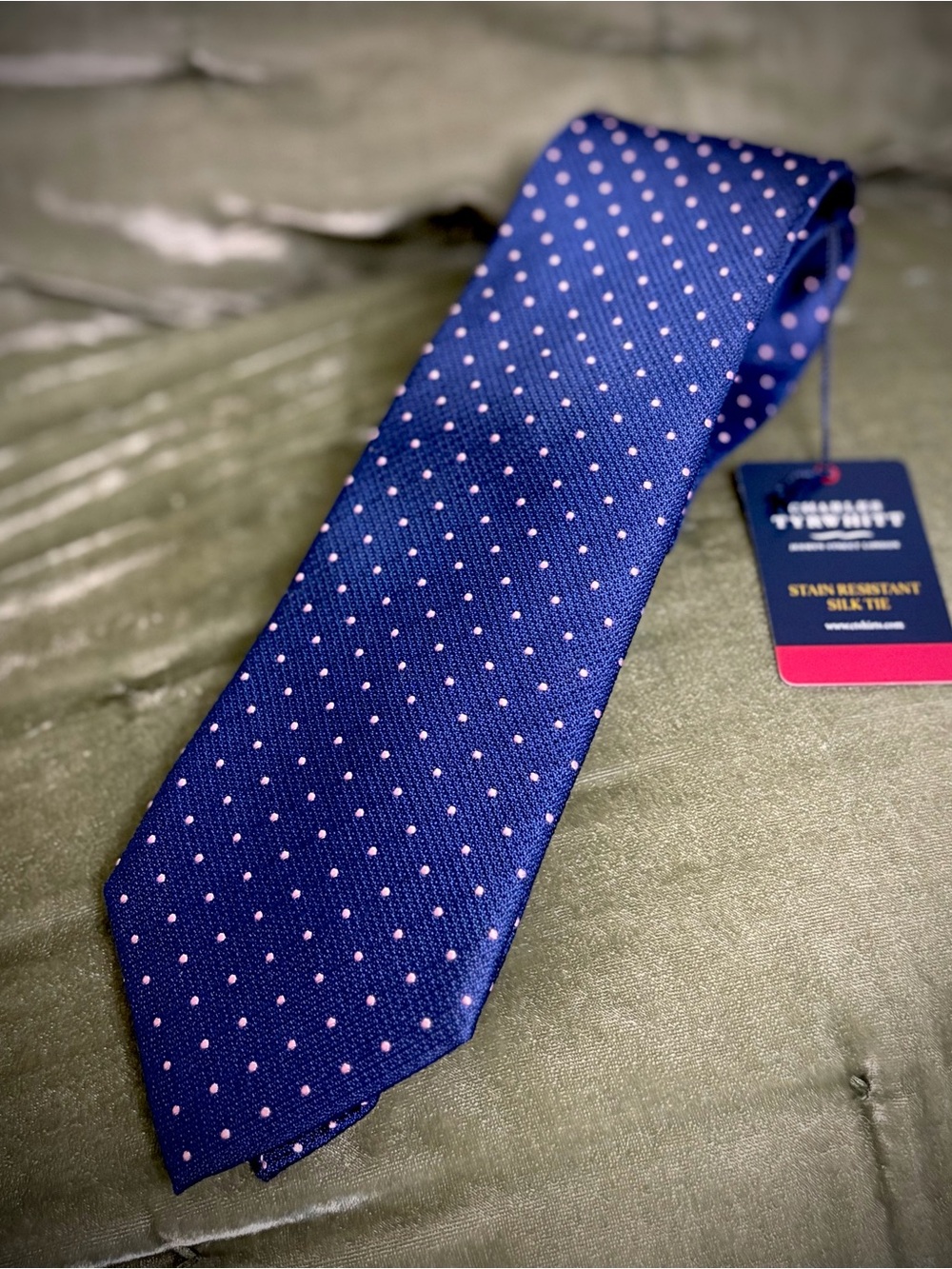 Charles Tyrwhitt Navy Blue Silk Tie with Pink Polka Dots #1132